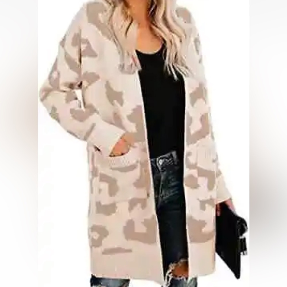 Soulomelody Msikiver Leopard Print Tan Cardigan Womens Large Open Front Sweater - Picture 2 of 5